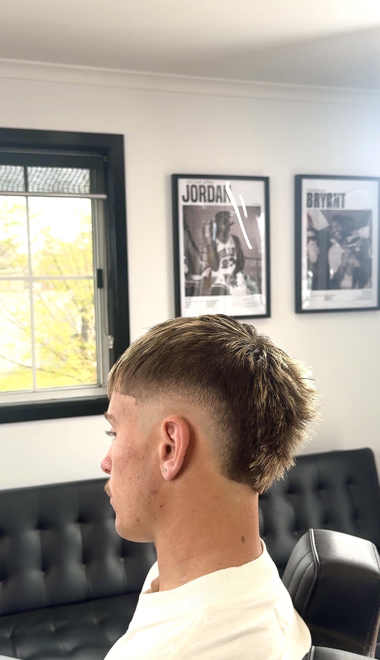 Mullet with a burst fade and line up, finished in the chair